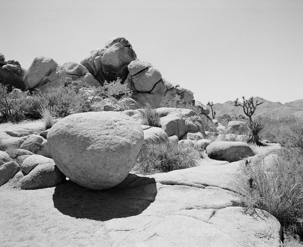 Sara Donaldson Photography | Joshua Tree Series | "Weathered" | A weathered, rounded boulder amid rock formations in the Joshua Tree National Park. Contrasting, bold gradient of grays on black and white film. Medium format film photograph on Ilford HP5