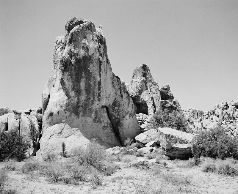 Sara Donaldson Print Shop | Joshua Tree Series | "Rugged" | Weathered rock formations in the Joshua Tree National Park. Contrasting, bold gradient of grays on black and white film. Medium format film photograph on Ilford HP5.